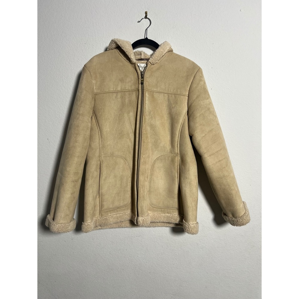 Jones New York Faux Shearling Jacket Medium Tan Womens Boho Hooded Sherpa Coat